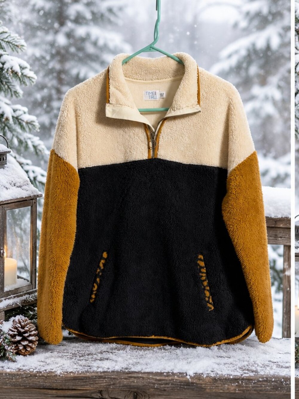 Time and Tru Colorblock Sherpa Fleece Pullover Cream Black Mustard